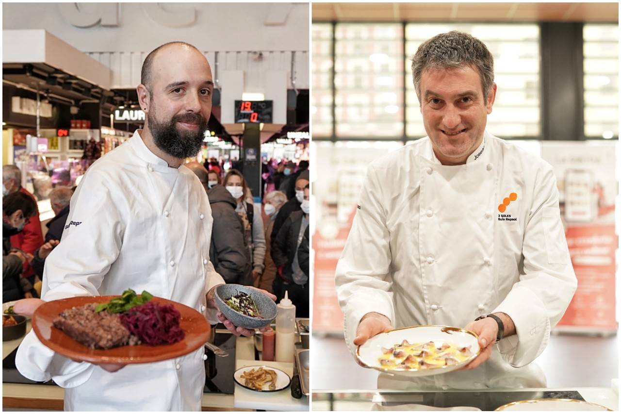 Josean Alija y Edorta Lamo han dado dos clases magistrales de cocina en el mercado de Bilbao y Vitoria respectivamente.