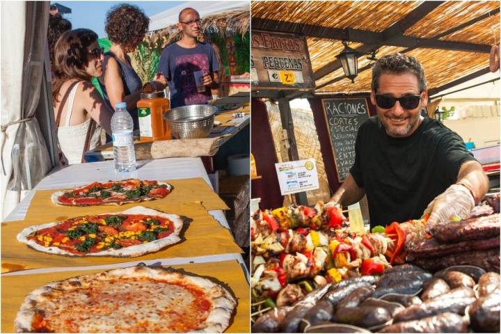 Una composción del área de comidas del Festival Rototom, en Benicásim, con pizzas vegetarianas y pinchitos. Fotos: Rototom Sunsplash.