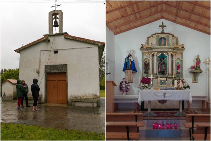 La ermita de San Roque, en Carral. Mari Carmen y Avelina acompañan a los peregrinos en su visita.