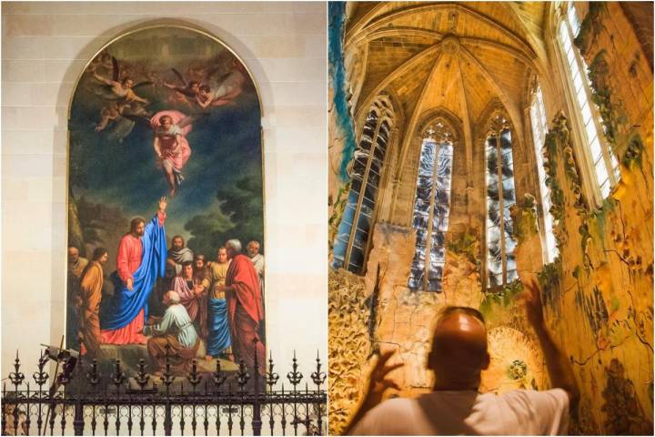 Uno de los retablos de la catedral. A la derecha, la capilla decorada por Miquel Barceló.