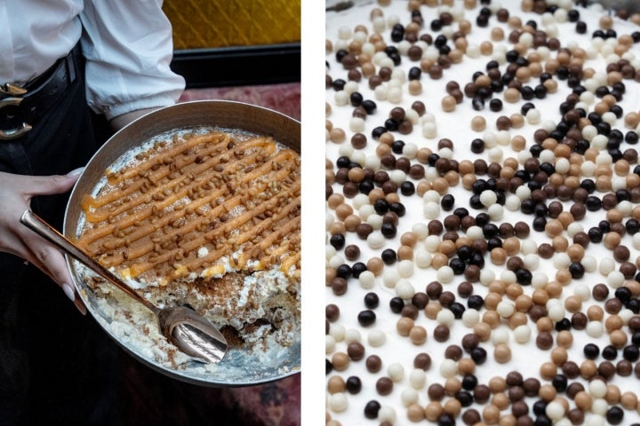 A baba de rinoceronte (esq.) e a baba de tubarão (dir.) são duas sobremesas originais do JNcQUOI Ásia