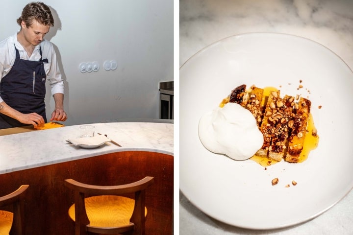 O jantar de peixe pode terminar numa fatia de brioche com caramelo e amêndoas