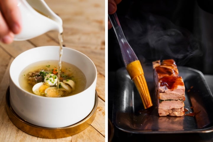 Consommé e terrine de codorniz são as propostas do Reticências. 