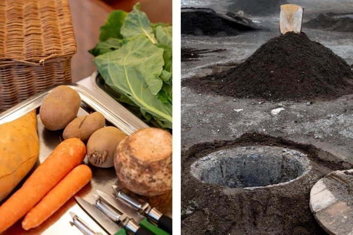 Batata, batata-doce, inhame , cenouras, couve e repolho branco: tudo isto vai cozer debaixo de terra