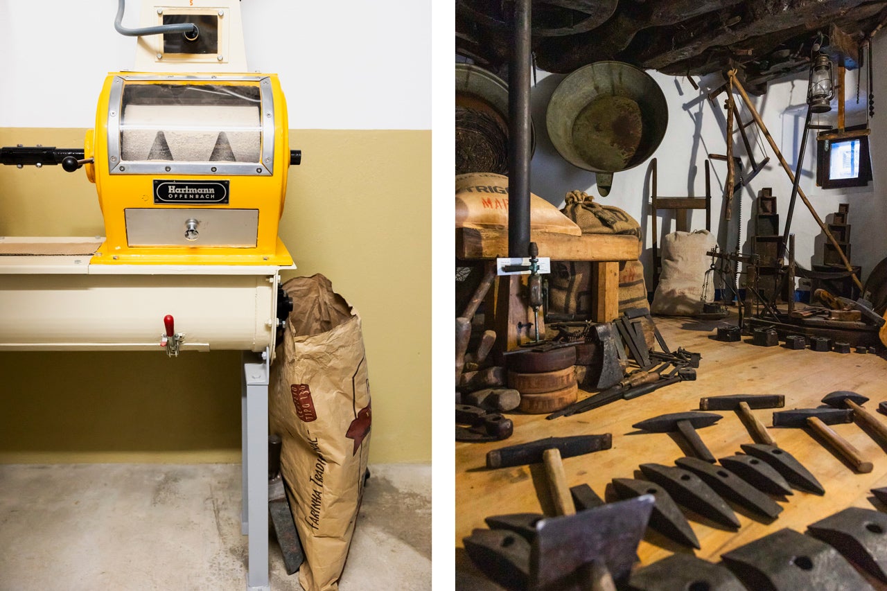 À esquerda uma das etapas do controlo de qualidade atual; à direita algumas ferramentas de trabalho dos antigos moleiros, no museu da família Horta 