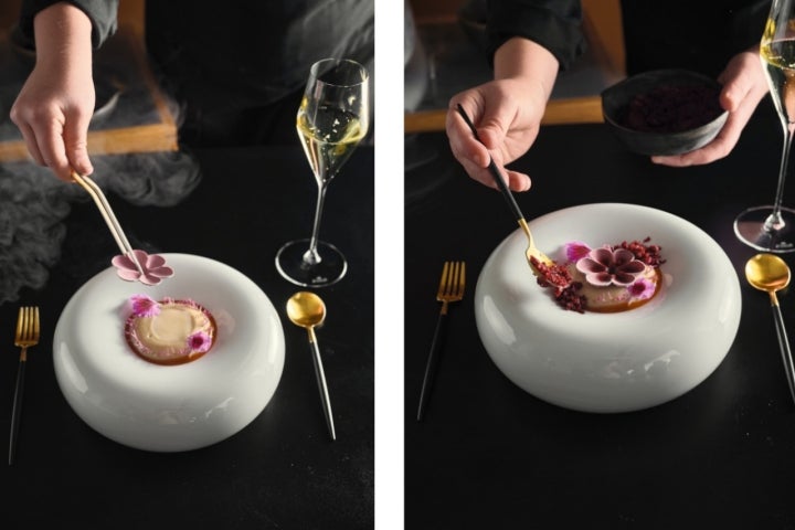 Sakura, amêndoa amarga e cereja é uma das sobremesas do menu (foto Midori) 