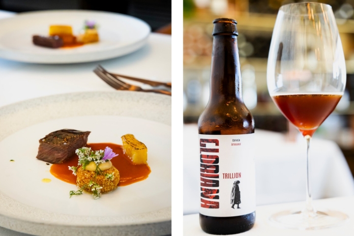 O prato flat iron mostra convida a uma harmonização com cerveja: a Gloriana, de Glória do Ribatejo 