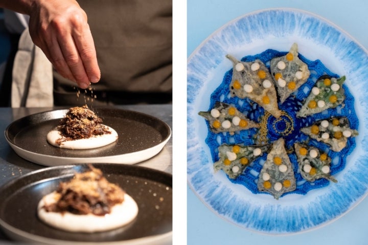 A alcatra de Ramo Grande é servida com massa sovada tostada e os espinafres selvagens são fritos em tempura de milho 