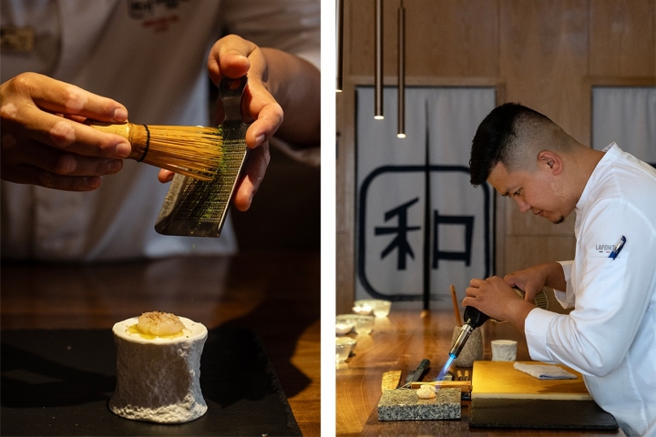 Ashik prepara as vieiras com raspas de yuzu, uma fruta cítrica asiática. Alguns ingredientes, como o arroz Koshihikari, vêm do Japão