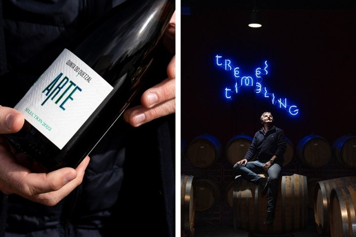 À esquerda, a última edição do vinho Arte. À direita, Reto Jörg, administrador, na sala de barricas