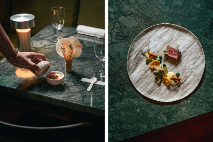  Caviar 3.0, à esquerda, e o novilho guarnecido com sabores da terra e do bosque, à direita