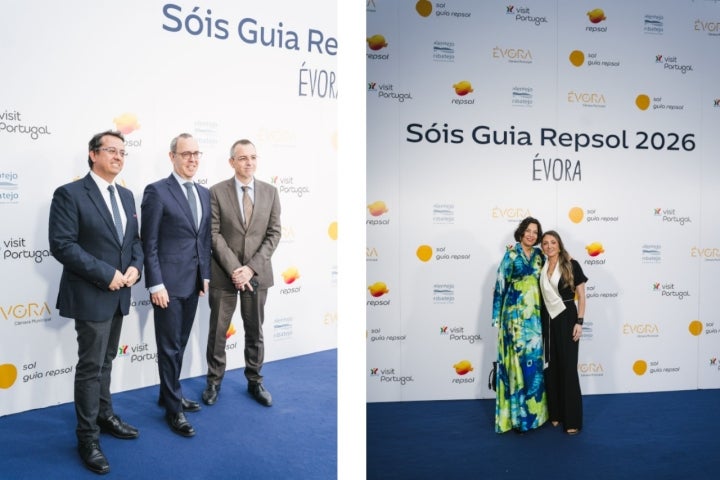 Pedro Beato (Vice-Presidente da Entidade Regional de Turismo do Alentejo e Ribatejo), Carlos Abade (Presidente do Turismo de Portugal) e José Manuel Santos (Presidente da  Entidade Regional de Turismo do Alentejo e Ribatejo); à direita, María Giménez e Lucía Freitas, do A Tafona (3 Sóis Guia Repsol, em Santiago de Compostela)