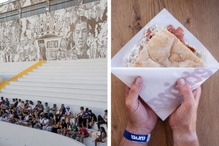 À esquerda um mural de Vhils (aka Alexandre Farto); à direita, uma pizza em schiacciata do Vetrina 