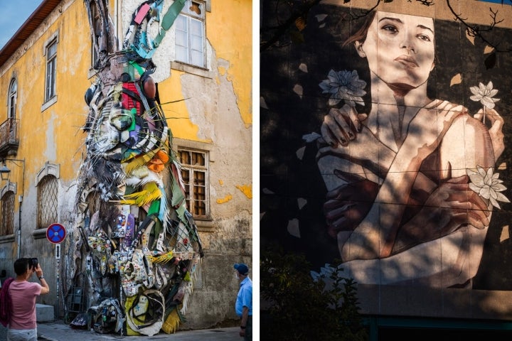 Half Rabbit, de Bordalo II, à esquerda, foi feito em 2017 para o festival Gaia Todo o Mundo. Fica numa rua "escondida", por entre as caves de Vinho do Porto. A propósito do Fórum Social Europeu, que aconteceu em 2021 no Porto, a artista Tamara Alves criou o mural We Bloom As One, na Trindade, à direita  Half Rabbit, de Bordalo II, à esquerda, foi feito em 2017 para o festival Gaia Todo o Mundo. Fica numa rua "escondida", por entre as caves de Vinho do Porto. A propósito do Fórum Social Europeu, que aconteceu em 2021 no Porto, a artista Tamara Alves criou o mural We Bloom As One, na Trindade, à direita