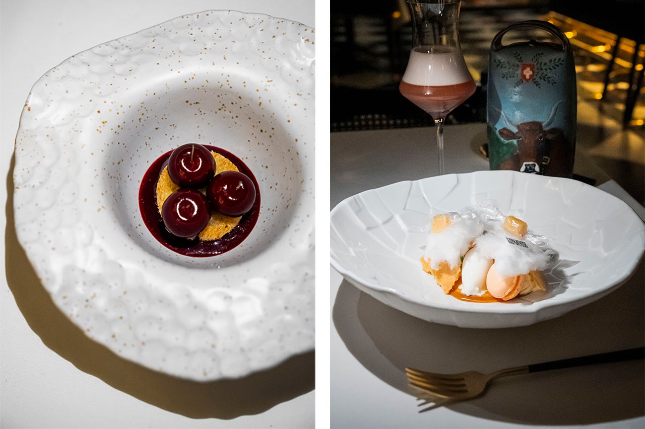 “Que Nem Ginjas”, à esquerda, composto por três ginjas falsas de foie gras; e, à direita, “Lembranças da Minha Infância”, com caramelo e algodão doce