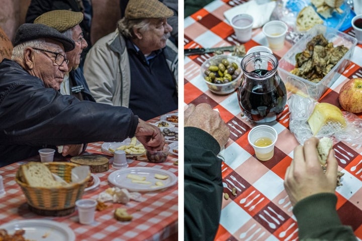 À mesa posta pelas adegas, juntam-se os petiscos que cada um traz 