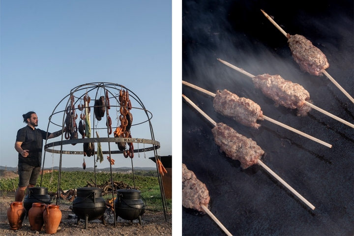 Carnes, enchidos e legumes foram cozinhados no fogo. Espetadas de wagyu, a carne bovina japonesa já é produzida no Alentejo