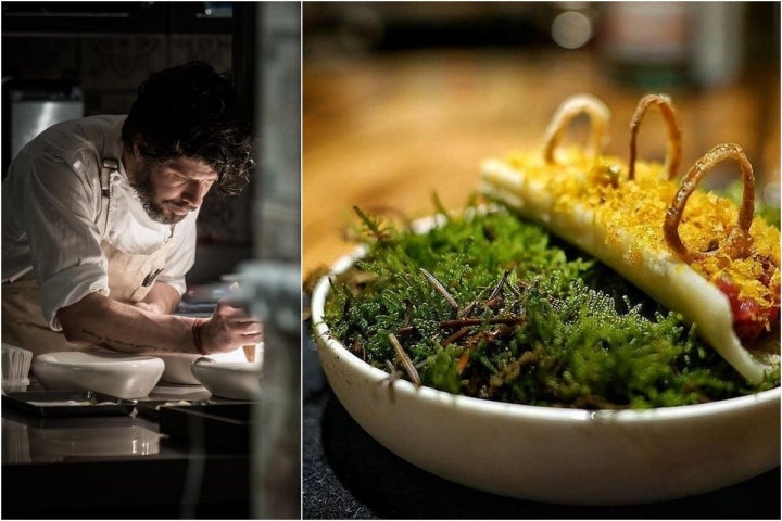 El cocinero Paulo Airaudo y su plato Tartar de ciervo y botarga sobre musgo