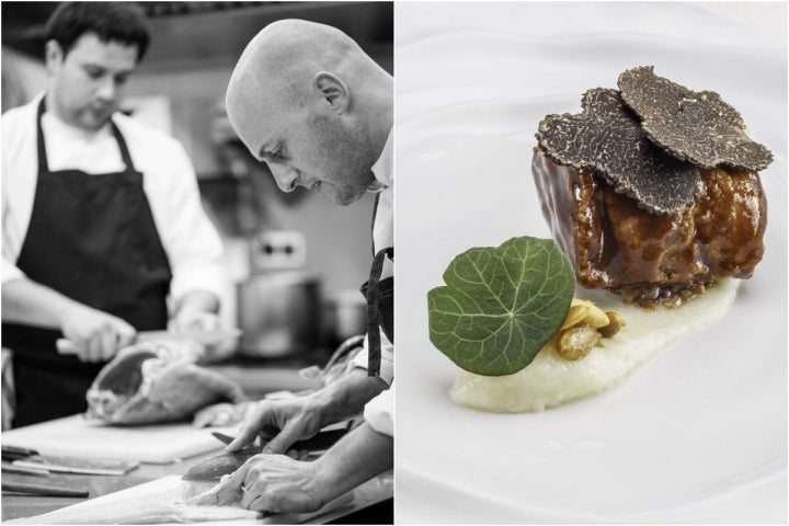 El cocinero Dani López y el plato Molleja de ternera, topinambur y trufa Tuber Melanosporum, del restaurante Kokotxa, en San Sebastián.