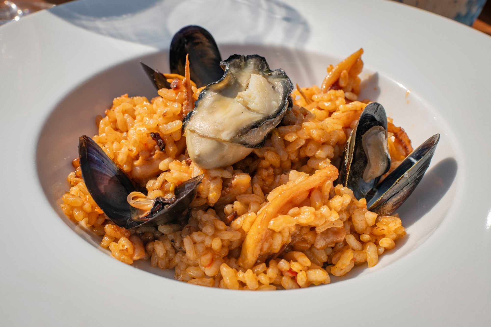 Degustación de ostras y mejillones en una batea