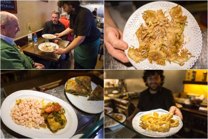 Bacalao con judías de Santa Pau y tortilla de calabacín y berenjena; calamares a la romana y alcachofas con virutas de foie.