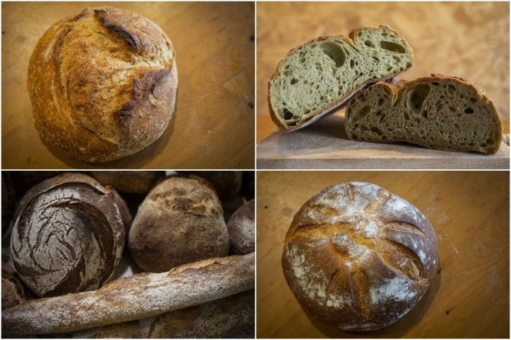 De arriba a abajo y de izq. a dcha: hogaza de masa madre, pan de té matcha, hogaza de centeno y baguette, y pan de calabaza.