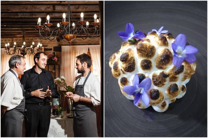 Los responsables del restaurante 'La Botica', de Matapozuelos, Madrid y Mus Mus de piñones y miel con merengue tostado y violetas. Fotos: La Botica.