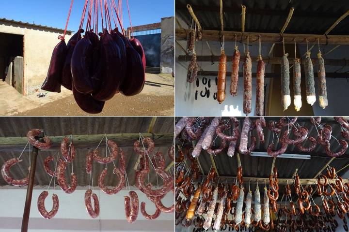 Chorizos, morcillas y salchichones cuelgan del techo secándose, el último paso de la matanza del cerdo ibérico en la comarca de Los Barros, Badajoz.