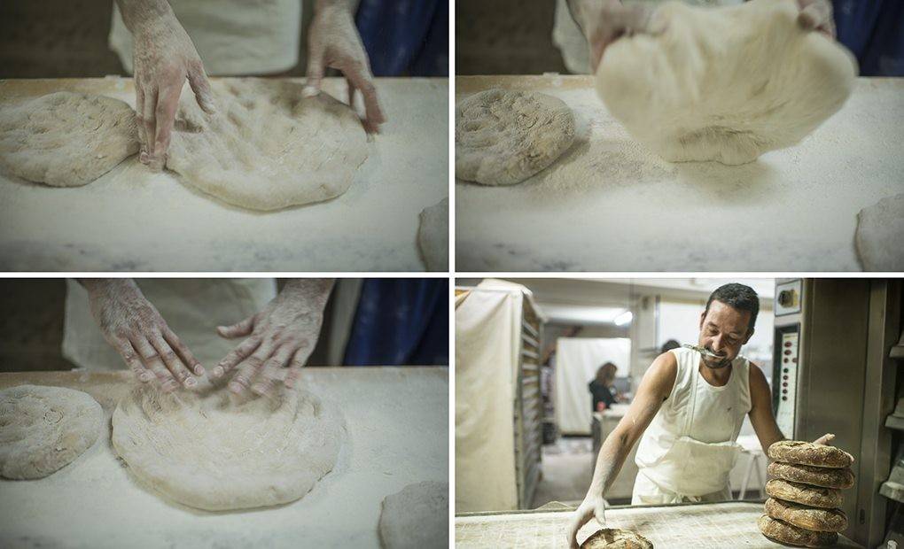 Distintas fases del amasado del pan a cargo del panadero Pablo.