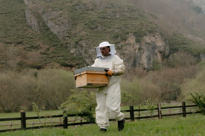 Mario Pérez, de Mieles Olaya (Aller), con una de sus colmenas