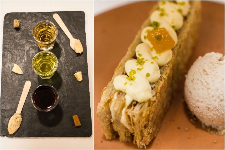 Los chupitos que acompañan a la tabla de quesos picante y el delicioso milhojas de queso.