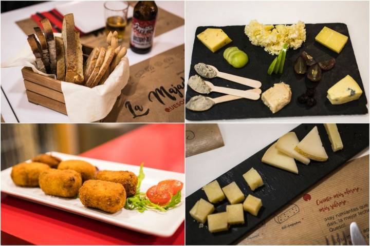 Pan artesano, tabla de quesos premiados en los 'World Cheese Awards', croquetas de queso variadas y mini tabla.