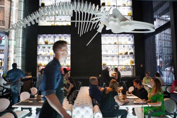 Un esqueleto artificial de ballena decora la sala del bar.