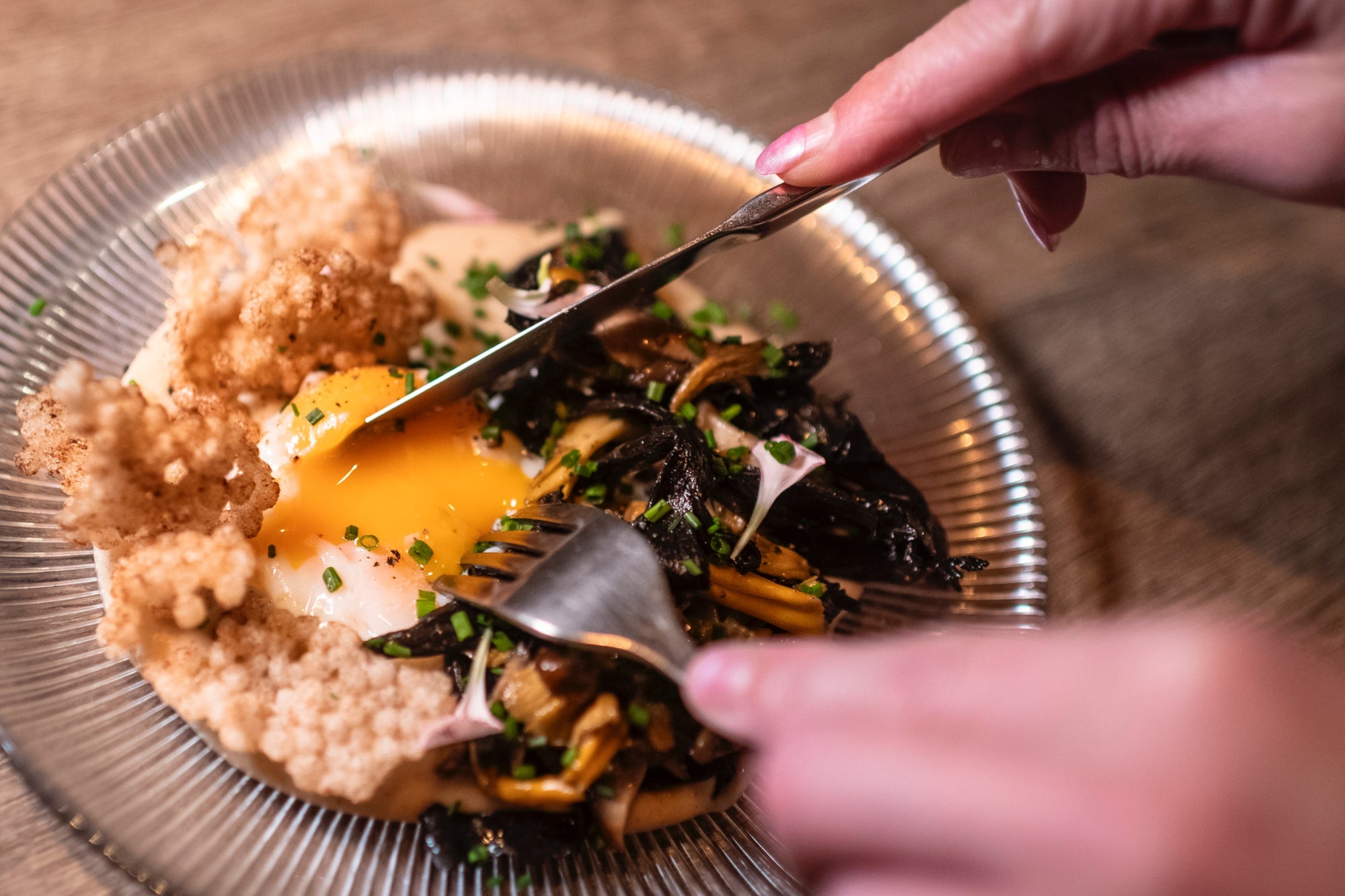 Huevo a baja temperatura con coliflor y trompetas de la muerte.
