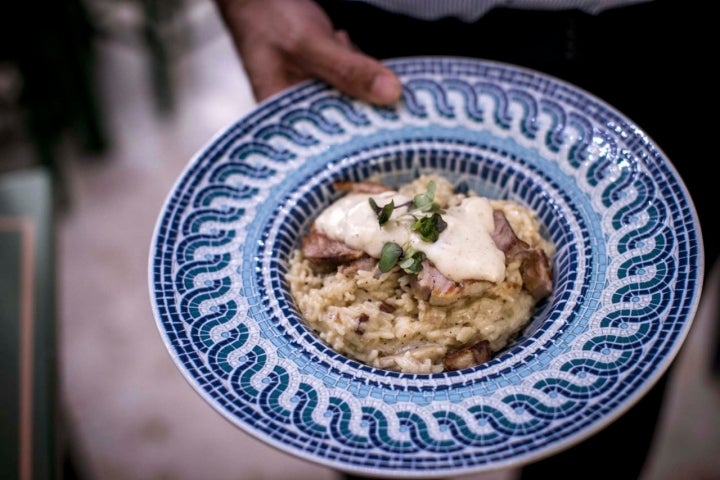 El Risotto de boletus, beicon y queso payoyo con solomillo ibérico.