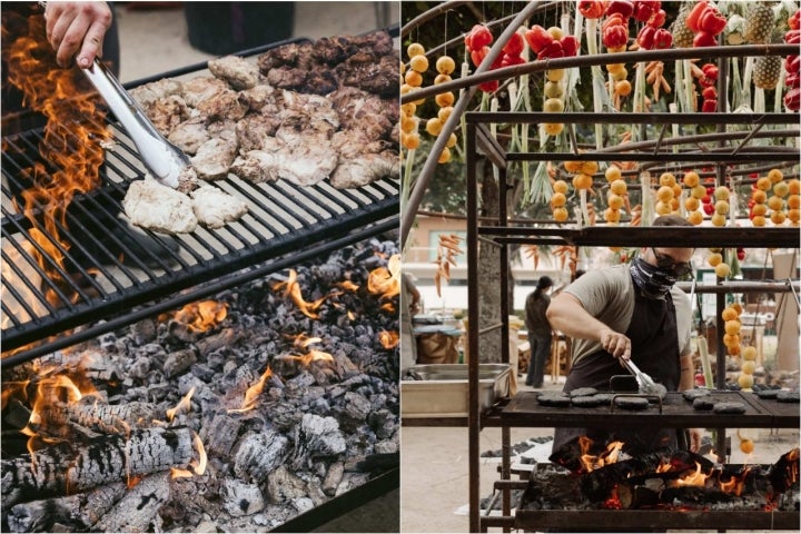 Fotomontaje con dos imágenes que muestran comida en las brasas del festival.