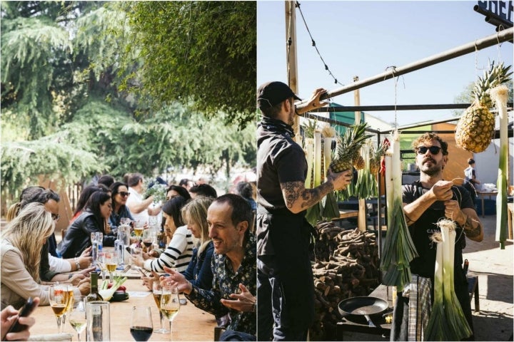 Fotomontaje con dos imágenes del festival: asistentes disfrutando de la comida y cocineros colocando el producto.
