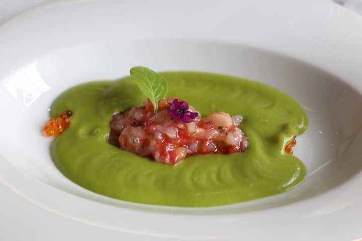 Tartar de tomate y alistado con pack choi verde y aceite de anís.