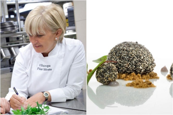 Pilar Idoate y plato de Huevo en costra de arroz venere sobre tierra de trufa y bombón. Fotos: Restaurante Europa.