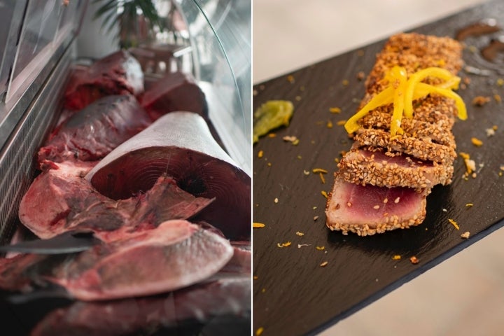 El atún lo exponen en la cámara del restaurante. A la dcha. tataki de atún.