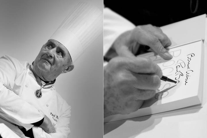 Retrato de Bocuse y el chef firmando. Fotos: Shutterstock.