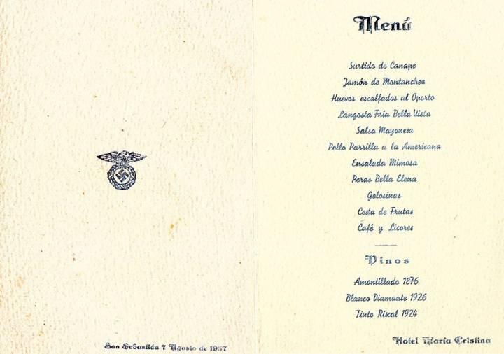 Menú que degustó la Legión Cóndor en el hotel María Cristina el 7 de agosto de 1937.