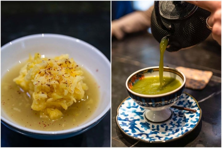 Jugo de uva con mango y pimienta rosa y té 'matcha'.