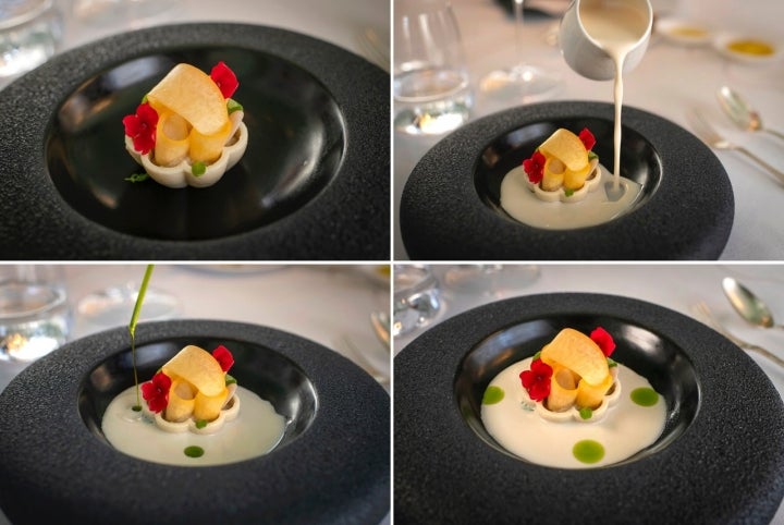 La versión del ajoblanco de Roncero: tartaleta de almendra, berenjena ahumada, sopa de almendras y aceite de shiso verde. 