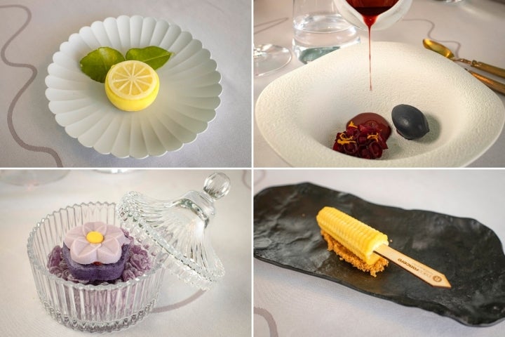 Cítricos, remolacha y ajo negro, violeta y maíz, cuatro postres de un menú de 23 platos.  