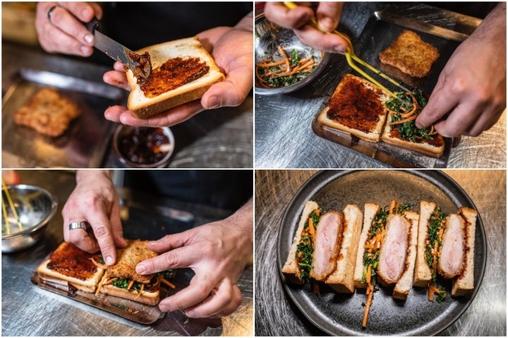 ‘Katsu sando’ de jugosos contramuslos de pollo con ensalada de ‘kale’ y zanahorias.