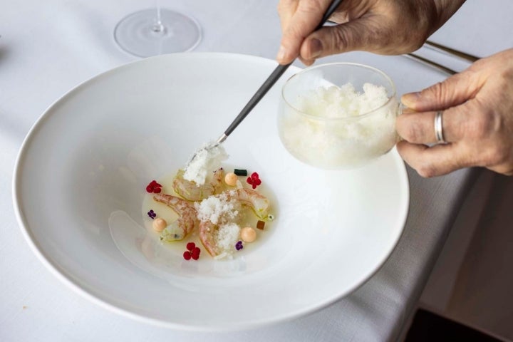 Quisquillas, gel vegetal y granizado de tomate.