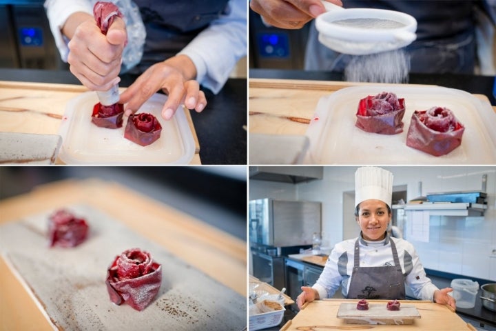 Restaurante BonAmb (Xábia, Alicante): la jefa de repostería, Laura García, prepara una flor de remolacha, tamarindo y pimienta sichuan