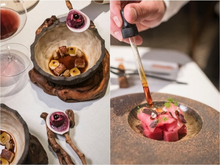 Papa, bonita a la borrallera; y pimienta palmera con atún patudo del restaurante Cráter (Tenerife).