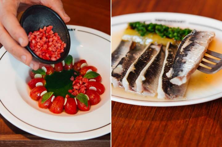 Restaurante 'Dspeakeasy': ensalada de tomate cherry curado y sardinas con jugo de jamón y berenjena a la miel